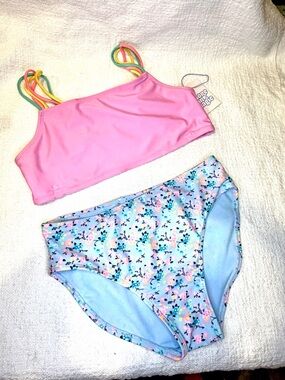 New ! Girls’ Pink Crop Bikini Top with Floral High-Waist Bottoms size XL 14/16